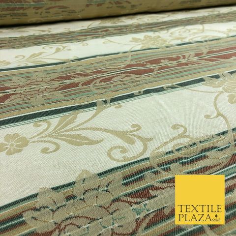 Ivory Cream Ornate Floral Stripes Fabric - Sofa Upholstery Curtain Heavy 1354