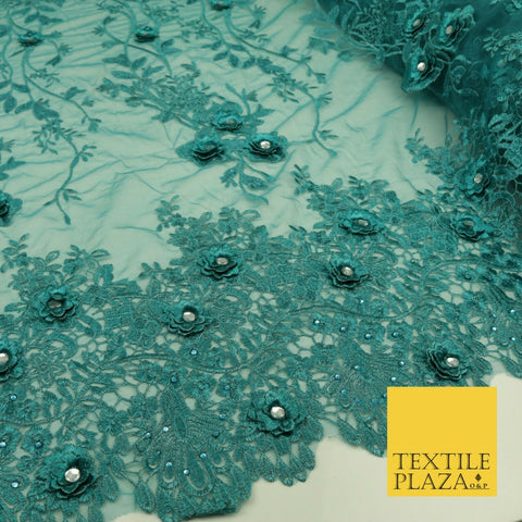 DEEP TEAL 3D Flower Trio Scalloped Embroidered Net Lace Dress Fancy Bridal 1584