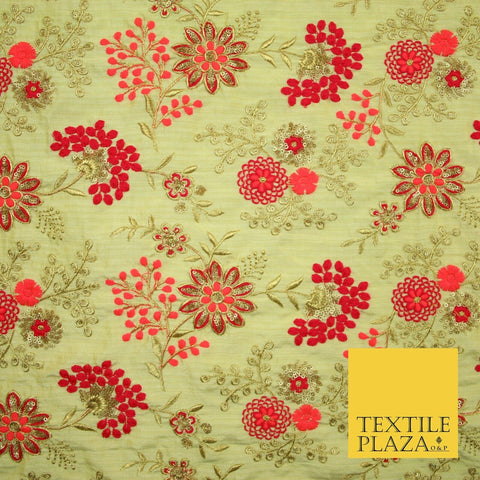 Beige Gold Faux Raw Silk with Cerise Pink Coral Floral Embroidery Fabric 2700