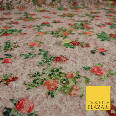 Pink Floral Digital Printed Embroidered Net Lace Dress Fabric Fashion 1765