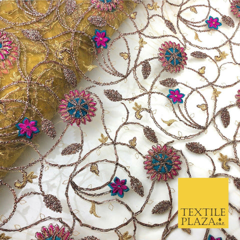 Luxury Gold/Mustard Coloured Ornate Flower Jaal Metallic Threadwork Net JF287