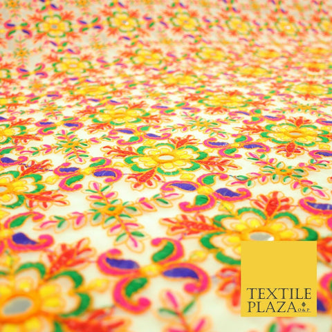 Ivory Phulkari Georgette Colourful Threadwork Ornate Pattern Dress Fabric 2305