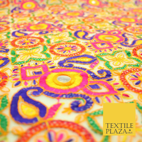 Ivory Phulkari Georgette Colourful Threadwork PAISLEY Pattern Dress Fabric 2306
