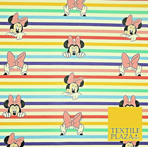 Disney Minnie Mouse Licensed Rainbow Stripe Printed 100% Cotton Fabric 150cm 59"