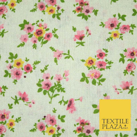 Watercolour Pink Floral Garden Flowers Printed 100% Cotton Linen Fabric 60" Wide