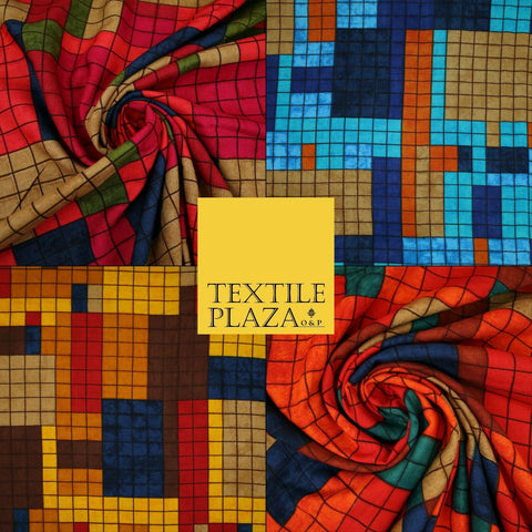 Premium Squares Check Blocks Soft 100% Rayon Viscose Dress Print Fabric Craft