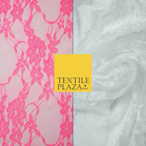 Hot Pink White Floral Mix Embroidered Net Lace Dress Fabric Tulle Fancy 58" Wide