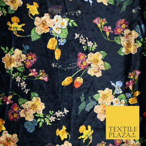 Navy Blue Multicolour Floating Floral Bunch Printed Soft Velvet Dress Fabric 4707