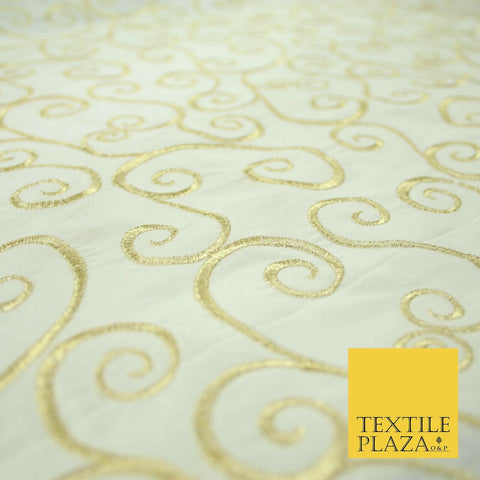 Luxury GOLD Fancy Swirl Curls Embroidered 100% PURE SILK Fabric 45" Wide 4517