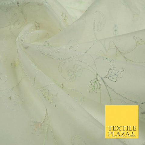 Luxury Ivory Floral Pastel Thread Embroidered 100% SILK ORGANZA Fabric 45" 4632
