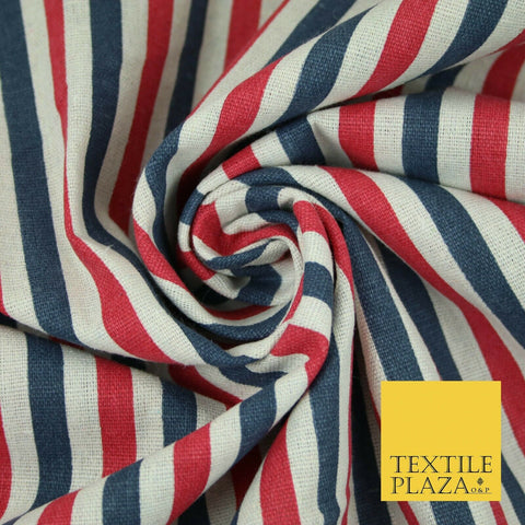 Blue Pink Ivory 1cm Candy Stripes Lines Printed 100% Cotton Linen Fabric 60"Wide