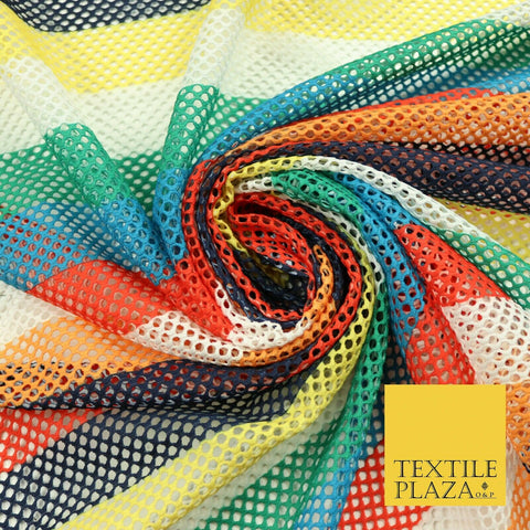 Colourful Striped Fish Net Airtex 4mm Hole Mesh Stretch Polyester Material 4343