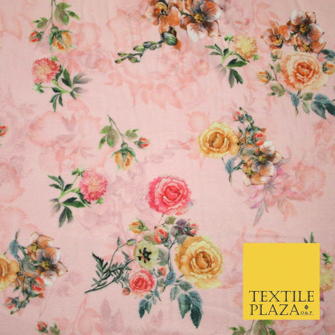 Baby Pink Floral Printed Soft Micro Velvet Velour Non Stretch Fabric Dress 5174