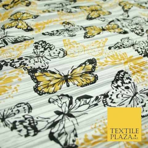 White Orange Flying Butterfly Printed Pleated Plisse Satin Dress Fabric 58" 5397