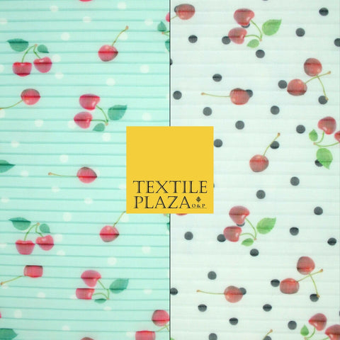 Mint White Falling Fruity Red Cherries Spotted Pleated Plisse Georgette Fabric