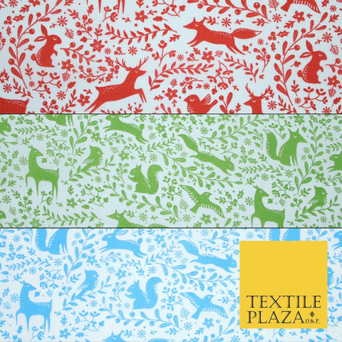 Festive Christmas Forest Animals Birds Printed Poly Cotton Fabric Polycotton 45"