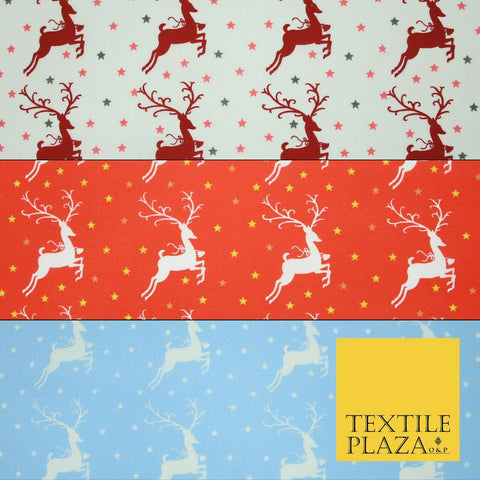 Festive Prancing Reindeers Stags Stars Printed Poly Cotton Fabric Polycotton 45"