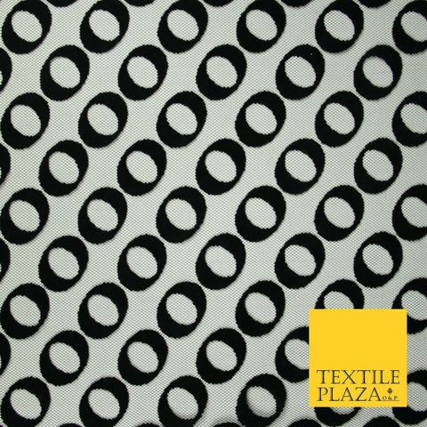 Black Hoops Rings Circles Flocked Mesh Net Dress Fabric Material 58" Wide 7075