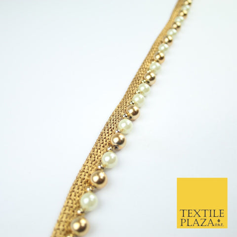Gold / Ivory Cream Pearl Ball Beaded Ribbon Trim Border Lace - 1.5cm Wide - X588