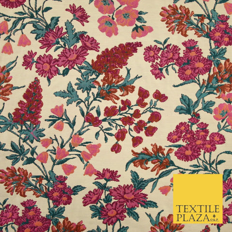 Cream Beige Pink Floral Gardenia Textured Brocade Jacquard Dress Fabric 8202