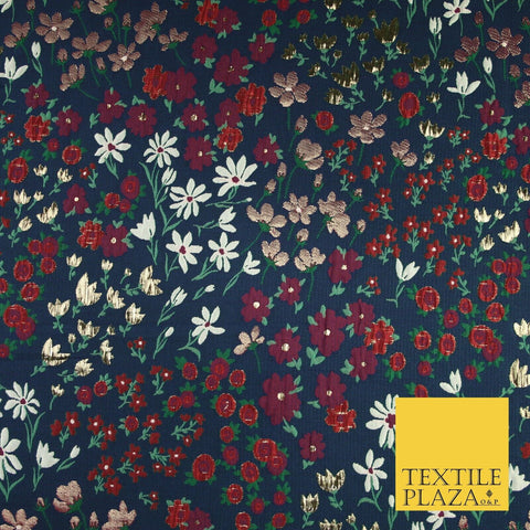 Navy Blue Floral Garden Metallic Creased Textured Brocade Jacquard Fabric 8200