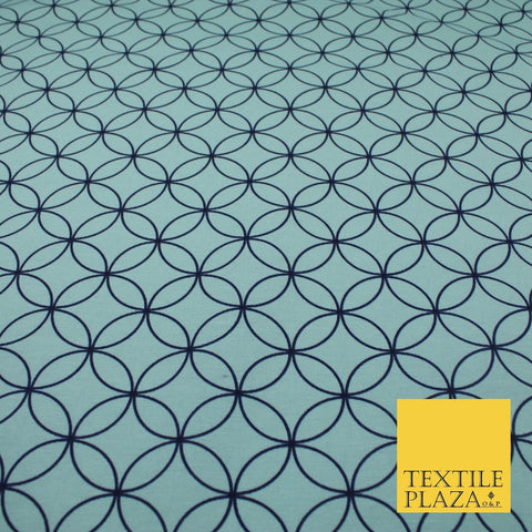 Sky Blue Geometric Circles Lattice Cotton Canvas Polyester Printed Fabric 9096