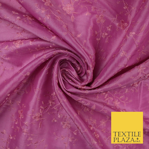 Pink Faux Silk Taffeta with Vine Flower Thread work Embroidery Fabric 59" 10386