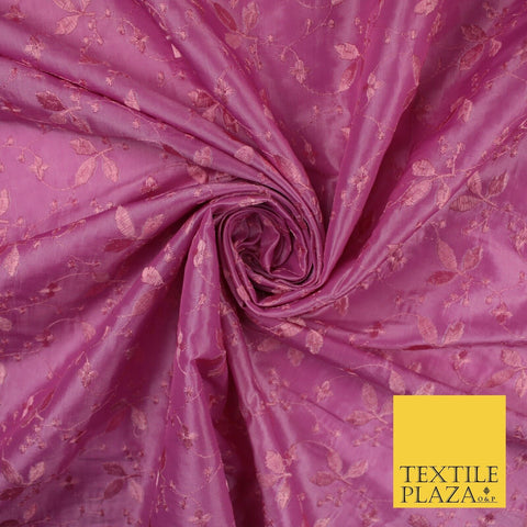 Pink Faux Silk Taffeta with Vine Leaf Thread work Embroidery Fabric 59" 10388